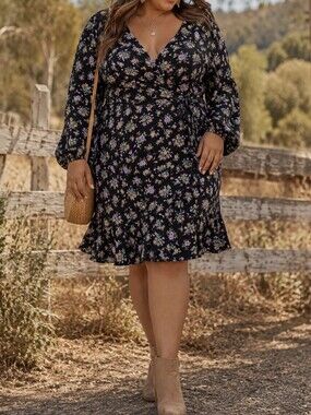 ASOS Curve Plus Size Black Floral Wrap Mini Dress Long Sleeve Ruffle Hem V-Neck